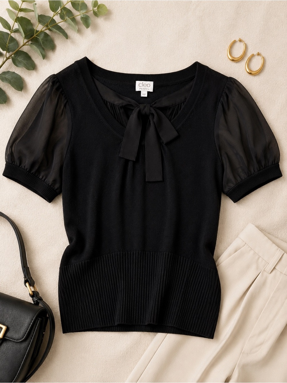 Cleo Petites Black Sheer Puff Sleeve Tie Neck Knit Blouse MP